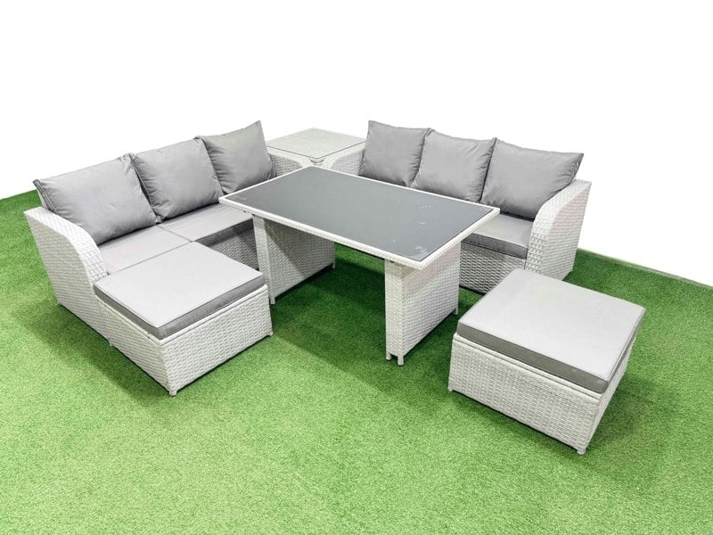 Fimous 8 Seater Rattan Outdoor Dining Table 3 Seater Sofa Set with Side Table 2 Big Stools Light Grey