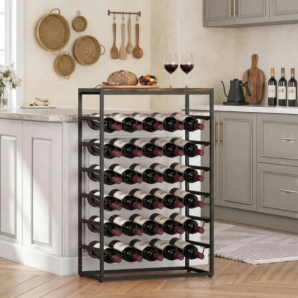 30 Bottles Wine Rack, 6 Tier Free Standing Wine Storage Holder with Wood Effect Tabletop, Rustic Brown - Rustic Brown