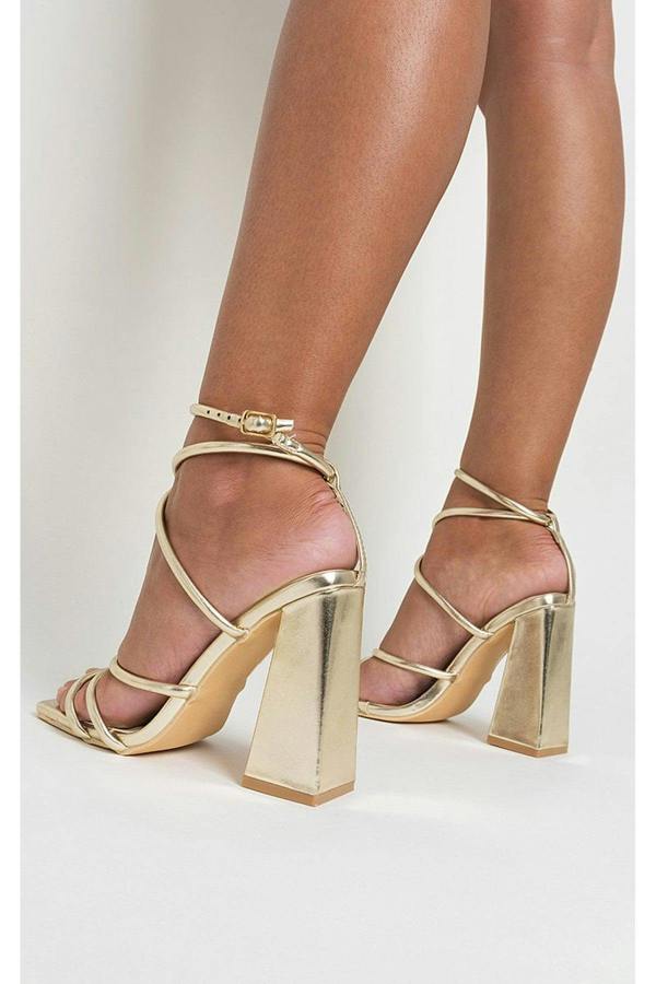 Michaela Strappy Ankle Block Heeled Sandals - Gold