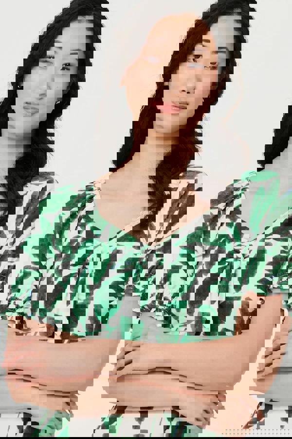 Green | Leaf Print Tie Front A-Line Midi Dress