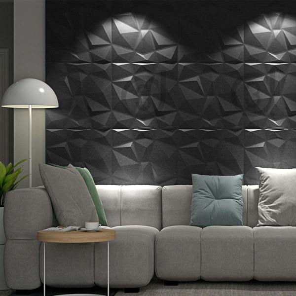 ENER-J 3D PVC Wall Panel, Faceted Diamond Design, Black Size: 500x500x1mm | Pack of 4