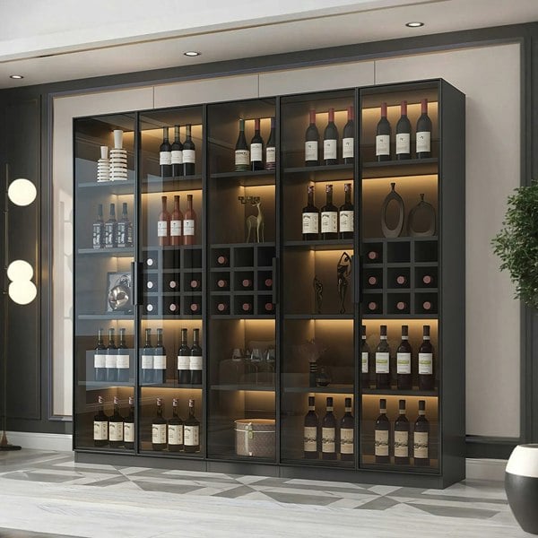 Hampshire I Wine Cabinet, Wine Storage With Glass Doors & Lights with mirror cabinet