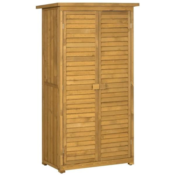 Compact wooden garden storage shed with double shutter doors and vertical paneling, light wood