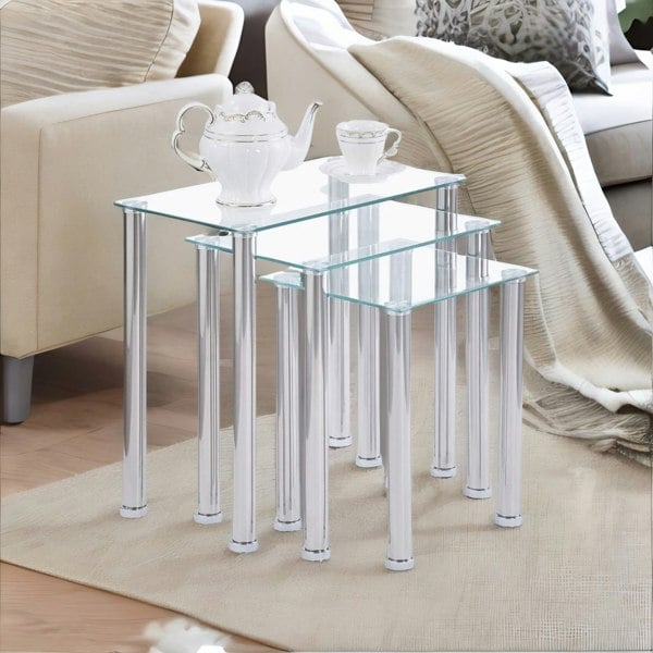 Rafaelo Mobilia Set Of 3 Glass Nesting Tables Silver