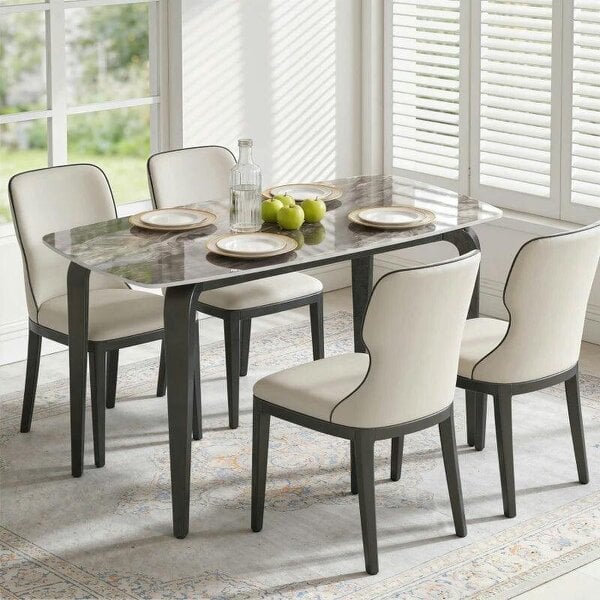 Dining Table for 4, Modern Kitchen Table with Sintered Stone Tabletop, Metal Legs, Brown - Brown