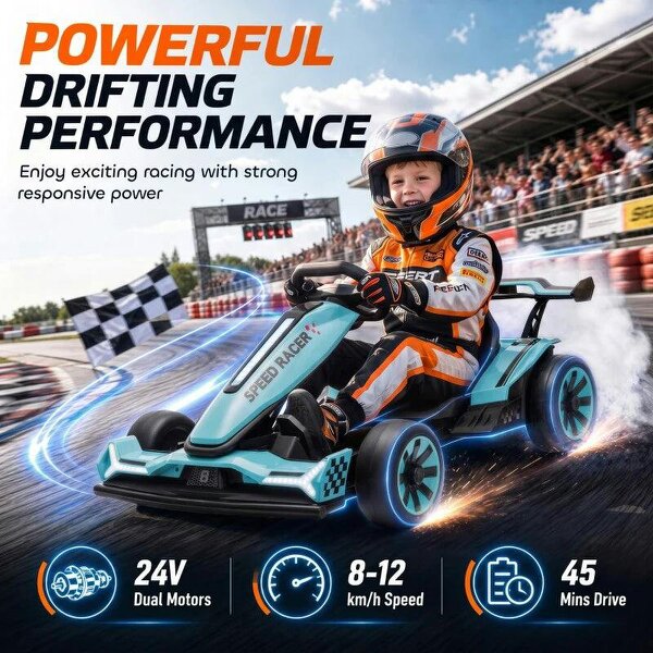 24V Electric Go Kart for Kids 6-12 Years with Drift Mode, Adjustable Seat, 3 Speed, Slow Start, Light Blue