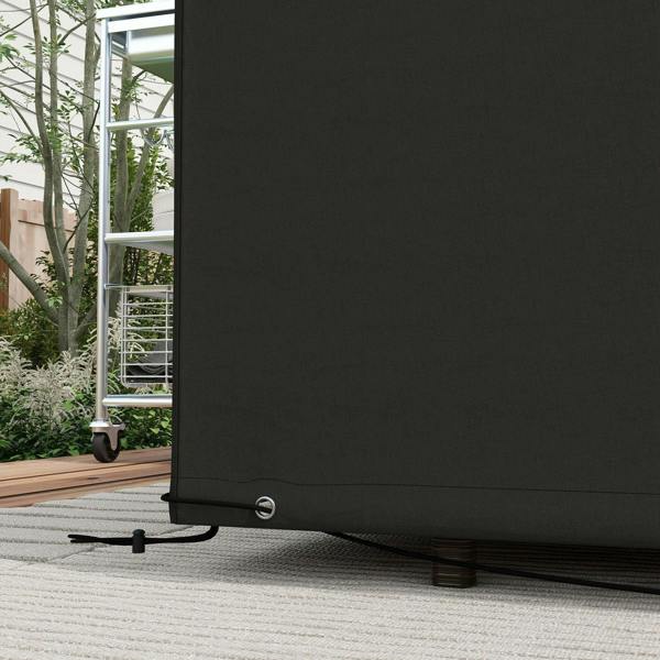 Black rectangular furniture cover with lower grommet and elastic cord at hem