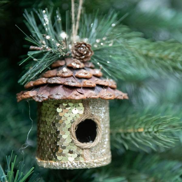 10x11cm Gold Sequin Birdhouse Christmas Hanging Decorations, Set of 3 with Jute Woodland Detail image 4