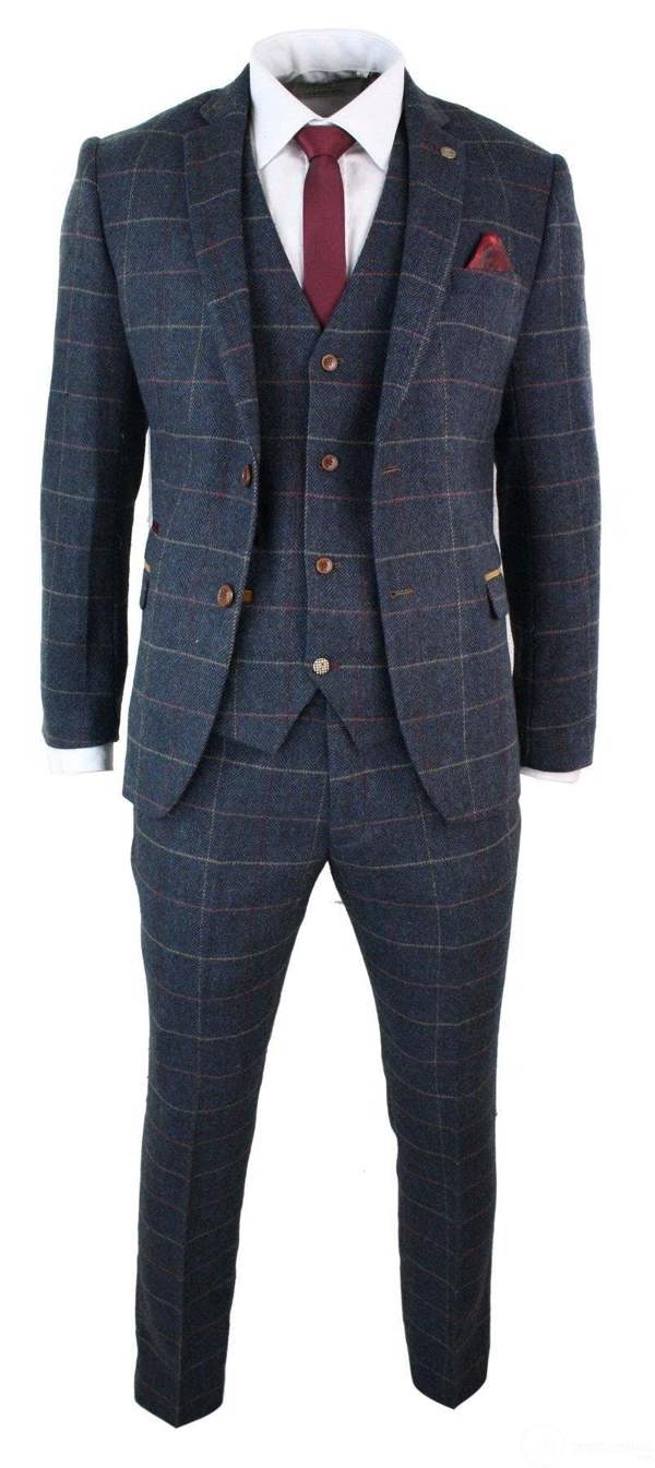 Marc Darcy Mens 3 Piece Navy Blue Herringbone Check Vintage Suit