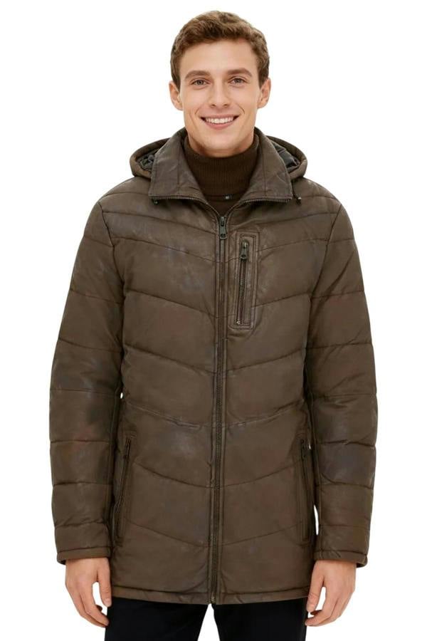 Infinity Leather Men's Leather Quilted Jacket Hooded Puffer Winter Coat - Olyic