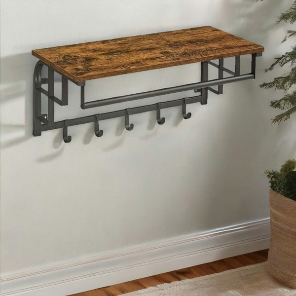 Rafaelo Mobilia Wall Mounted Floating Shelf With Hanging Rail and Hooks Brown