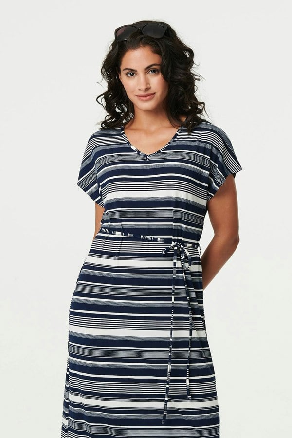 White | Striped Cap Sleeve Tie Waist Maxi Dress
