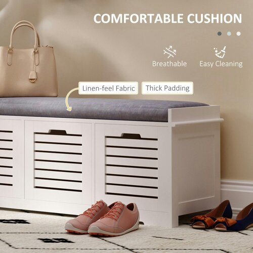 Wyld Haus Vesava Wooden White 3 Drawer Slatted Shoe Storage Bench with Grey Padded Seat