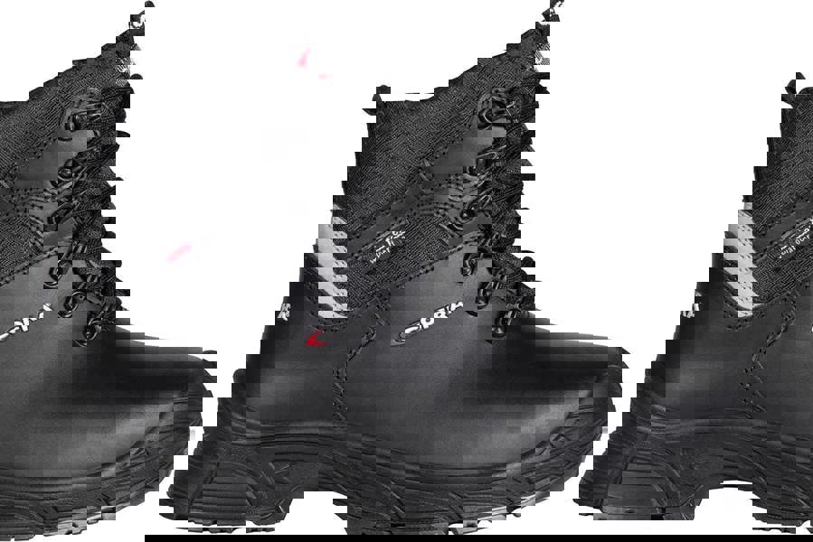 Cofra Wigan Mens/Unisex Composite Toe Midsole Safety S7 Leather Work Boots, black safety work boot with durable leather upper, waterproof text, reinforced toe cap, and rugged sole for industrial and outdoor work environments.