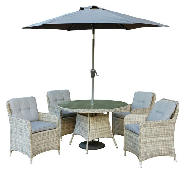 Oseasons Hampton Rattan 4 Seat Dining Set in Champagne with 2.5m Parasol and Base