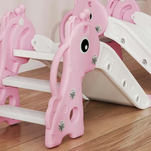 3 in 1 Kids Slide with Climber, Basketball Hoop and Ball, Giraffe Shape Climber Slide for Indoor Kids Age 1-3, Pink