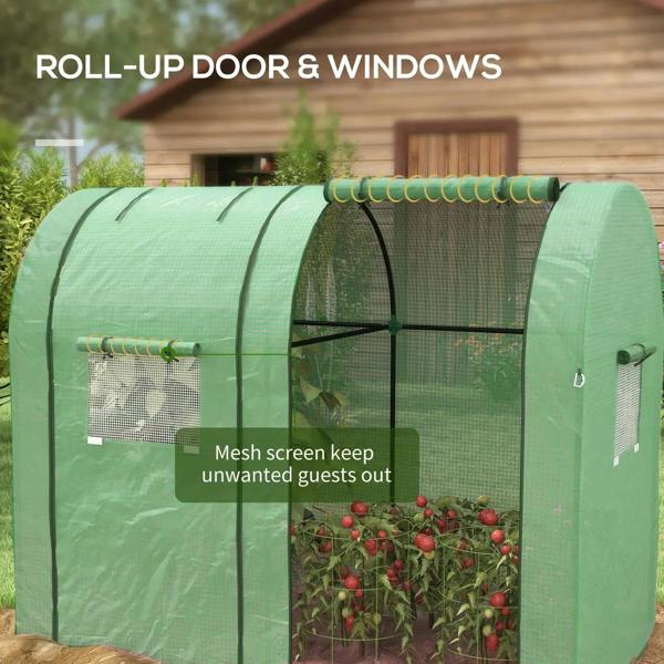 Green mesh greenhouse with rolled roll-up door and front mesh window panel