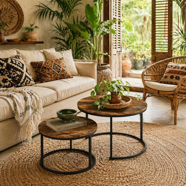 Wyld Haus Pasu Set Of 2 Round Nesting Coffee Tables Metal And Wood Rustic Brown