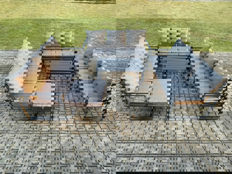Fimous Aluminium 10 Seater Outdoor Garden Furniture Set Lounge Sofa Oblong Coffee Table Big Footstool Sets with Cushions Dark Grey