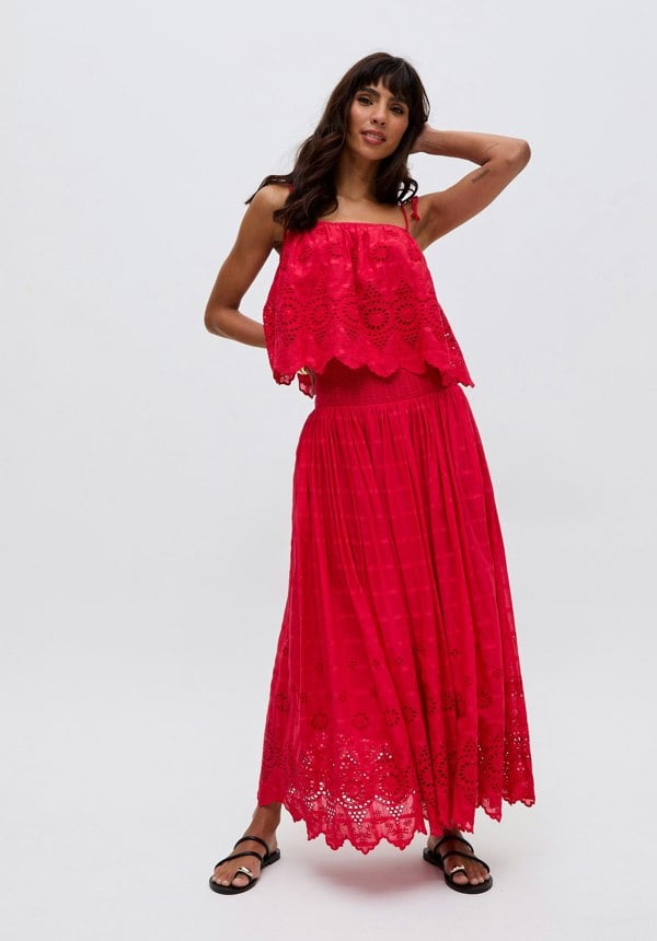 Rufa Smocked Waist Embroidered Midi Cami In Red - image 3