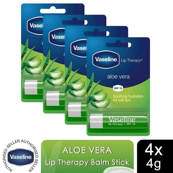 Vaseline Lip Therapy With Petroleum Jelly Balm Sticks, Aloe Vera 4g, 4 Pack