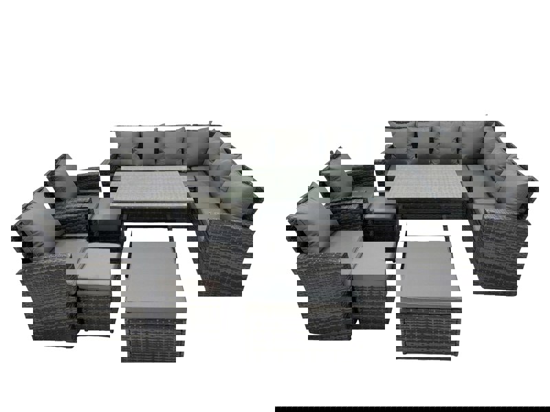 Fimous 11 Seater Garden Outdoor Rattan Furniture Set Rattan Corner Sofa Oblong Dining Table with 2 Armchairs 3 Footstools Dark Grey