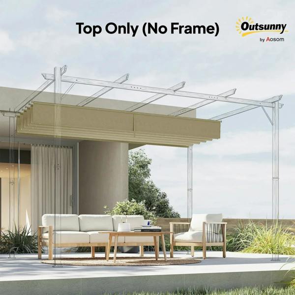 Beige retractable pergola top-only canopy cover attached to metal frame roof