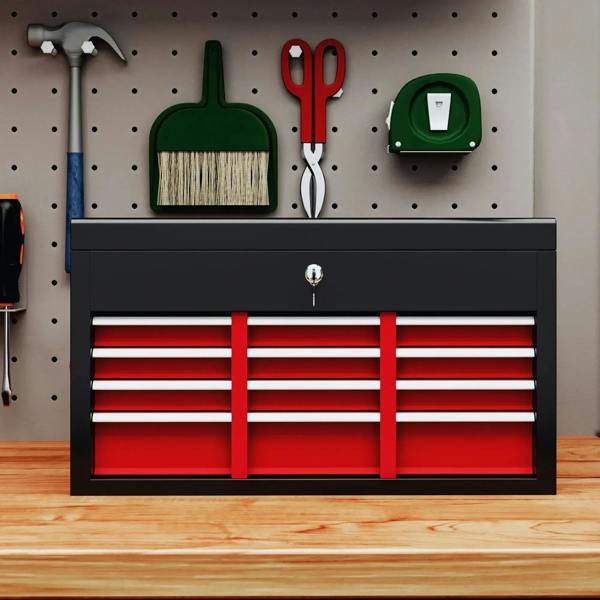 Red steel tool storage chest with six drawers and central key lock, front view