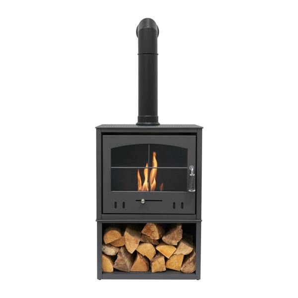 OKO S4 Bio Ethanol Stove with Log Storage in Charcoal Grey with Tall Angled Stove Pipe