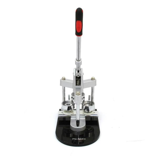 Heavy-duty PixMax badge maker with a sleek silver and black design, featuring a comfortable red handle for easy pressing
