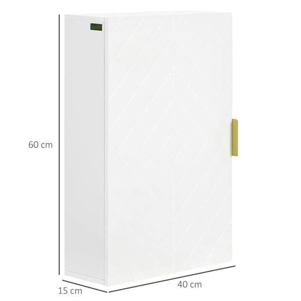 White bathroom wall cabinet dimensions 60 x 40 x 15 cm, gold handle, paneled door.
