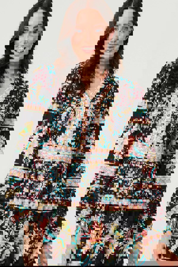 Black | Floral Long Sleeve Buttoned Midi Dress
