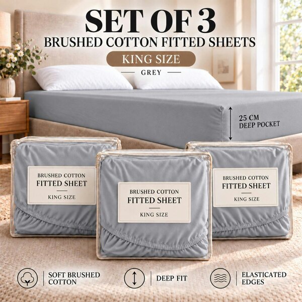 Smart Living 3 Pack Brushed Cotton Fitted Sheets - Silver / Grey - King (150cm x 200cm) + 25cm Deep
