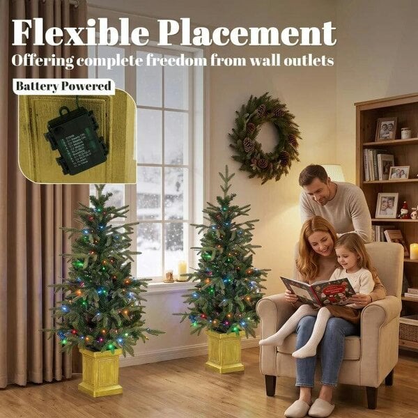 Bobobiy Set of 2 Prelit Christmas Trees with Dual-Colour LEDs, Remote, 4ft Artificial Aspen Fir Battery-Operated, 11 Modes, Pot