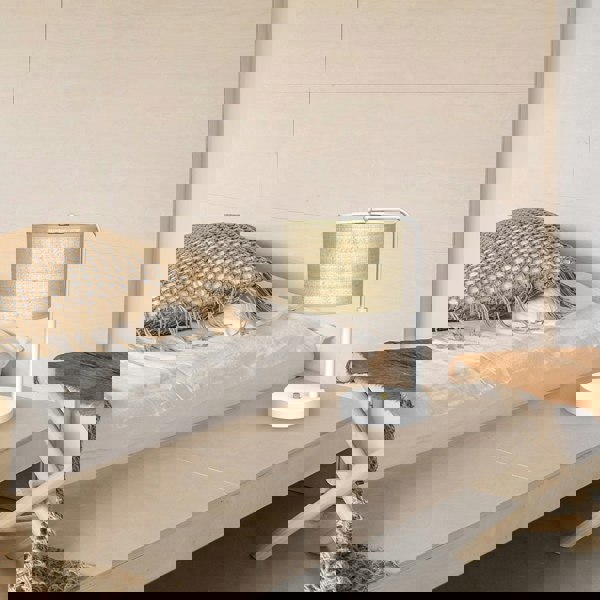 Milagro Marshall Hand Made Designer Table Lamp In Matt White Metal And Natural Rattan Coloured Fabric