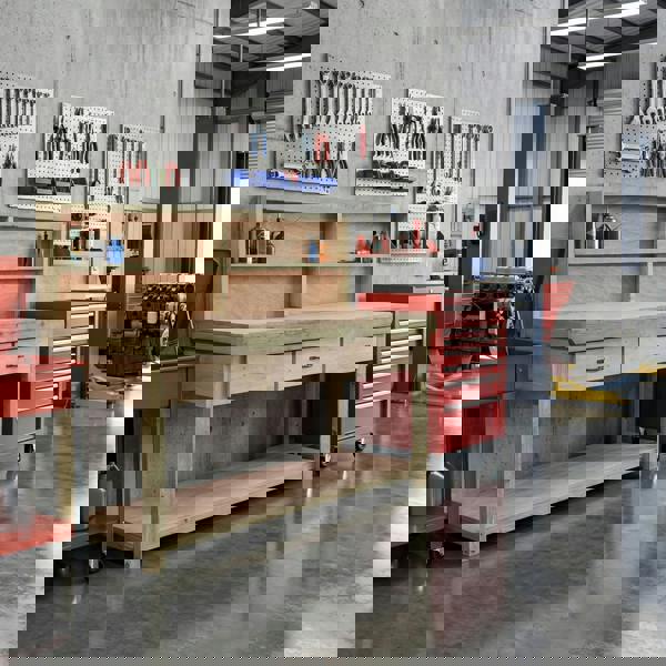 Wooden eucalyptus Top Workbench – Durable Tool Cabinet with Drawers and Back Panel, Ideal for Dry Indoor Spaces Such as Garages, Workshops, and Studios.