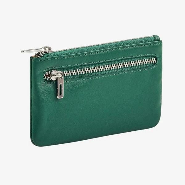 Green real leather coin purse with twin zip compartments