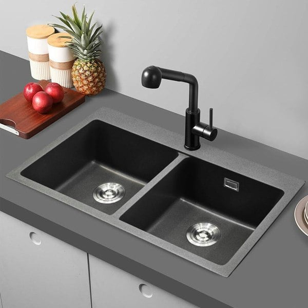 Quartz Undermount Kitchen Sink Double Bowl Black Kitchen Sinks Living and Home Grey with side