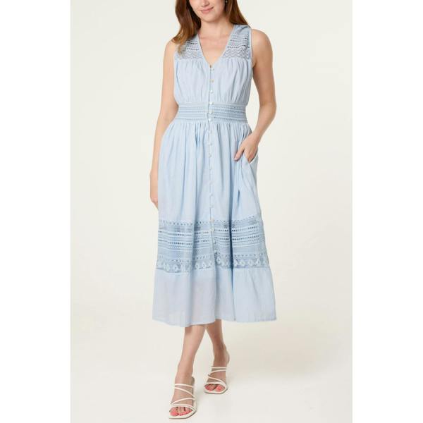 Blue Vanilla Crochet Insert Button Midi Dress