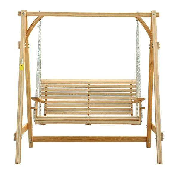 Natural wood swing bench with enclosed A-frame sides and hanging metal chains, slatted back