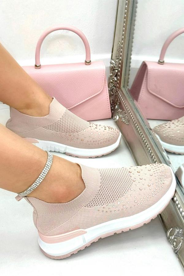Sparkle Contrast Motion Stretch Sock Slip On Trainers Pink featuring stretch sock slip on design for easy, fuss-free wear