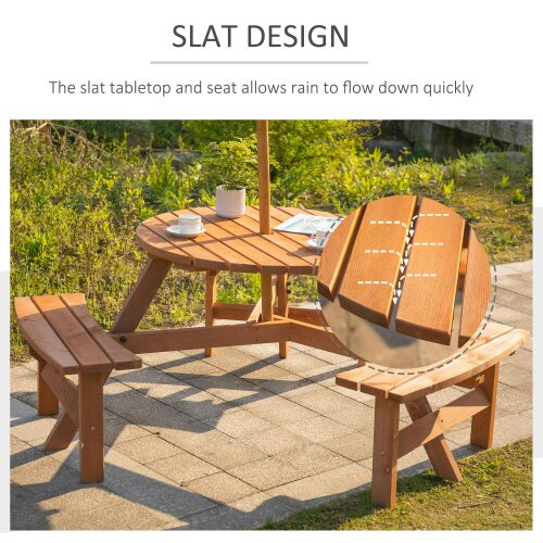 Wyld Haus Bare Wood Brown Red 6 Seater Round Picnic Table With 3 Benches And Parasol Hole