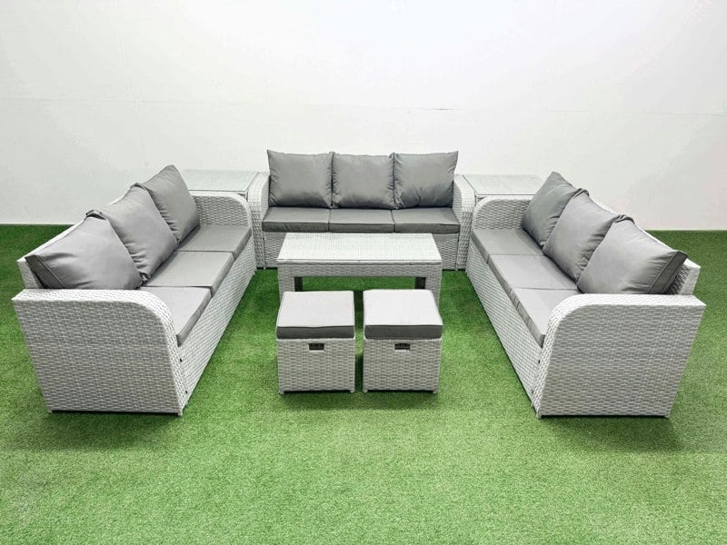 Fimous PE Rattan Lounge Sofa Set 11 Seater Outdoor Garden Furniture Set with Oblong Coffee Table 3 Seater Sofa 2 Stools 2 Side Table Light Grey