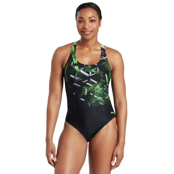 Zoggs Alloy Actionback Swimsuit in black/green with geometric nylon spandex pattern