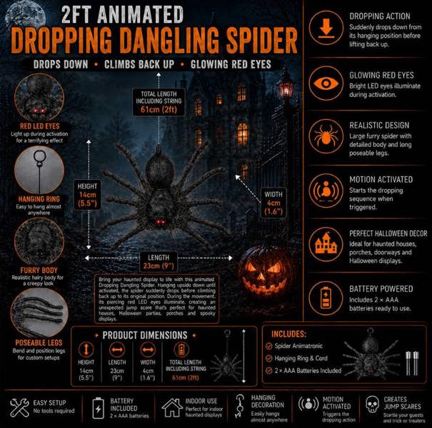 Samuel Alexander 2ft Battery Operated Dropping Dangling Halloween Spider Animatronic Decoration
