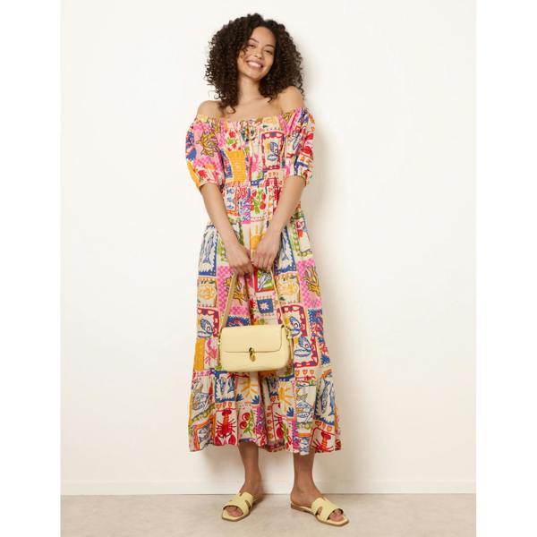 Blue Vanilla Postcard Tie Front Bardot Shirred Midi Dress