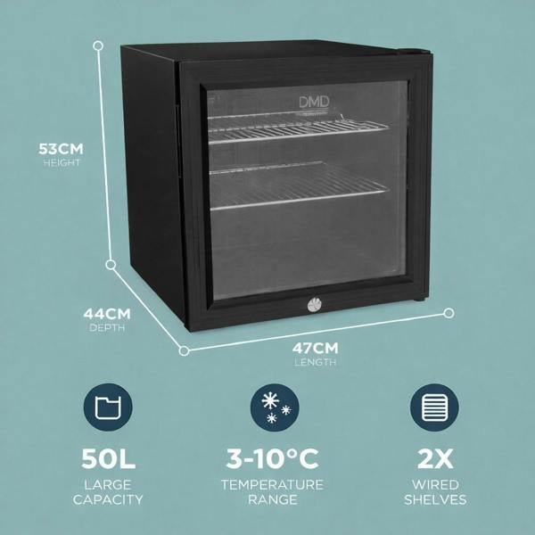 DMD Collective Glass Door Mini Fridge – 50L Compact Drinks Refrigerator