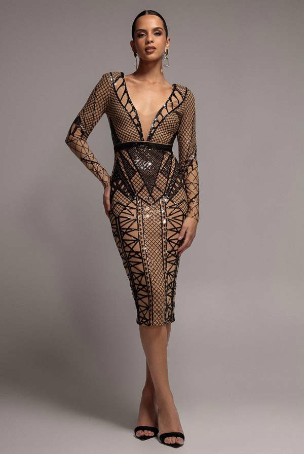 Geometric Sequin Plunge Midi - Black DR4191