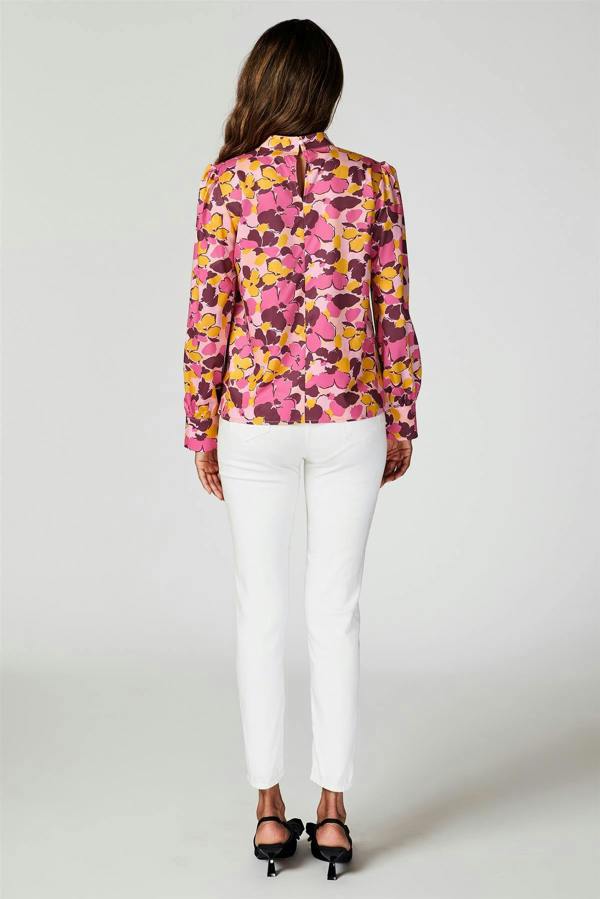 FS Collection Floral Print Long Sleeve High Neck Top In Pink