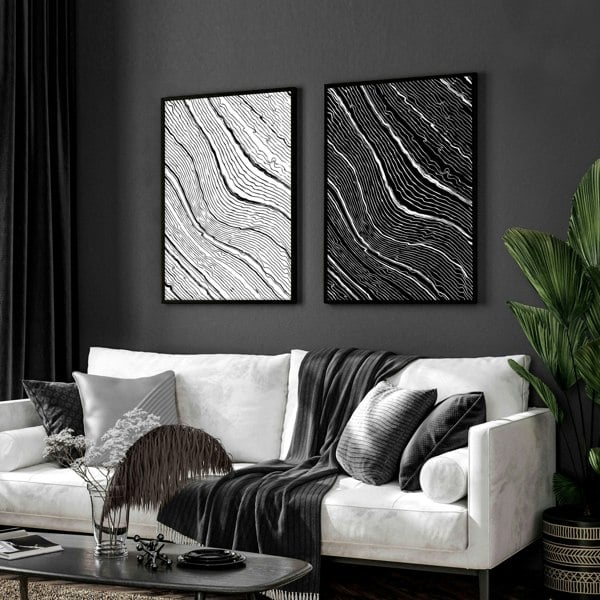 Black and white art wall | set of 2 wall art prints for living room